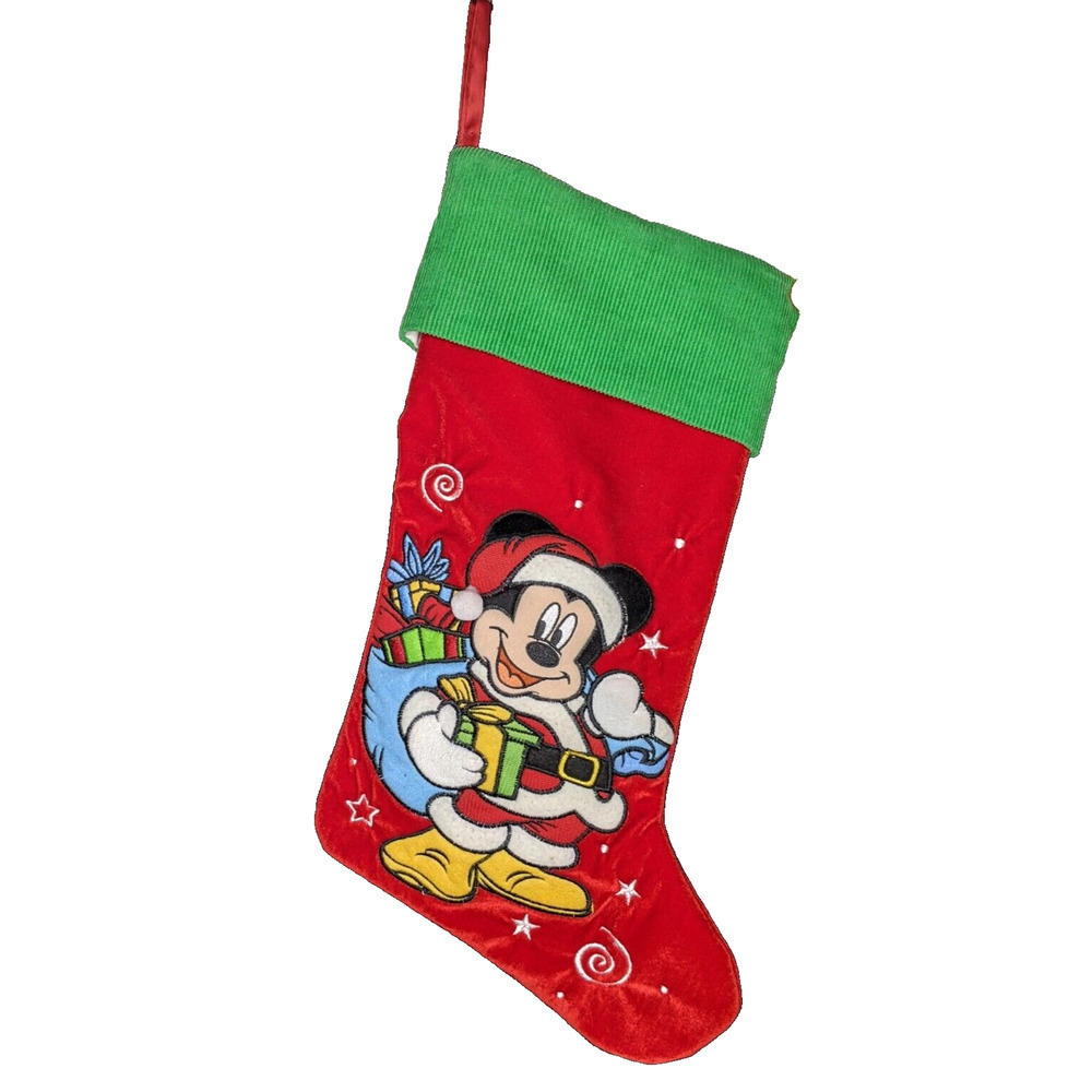 Disney Mickey Mouse Stocking Christmas Santa Green Corduroy Top Embroidered CUTE